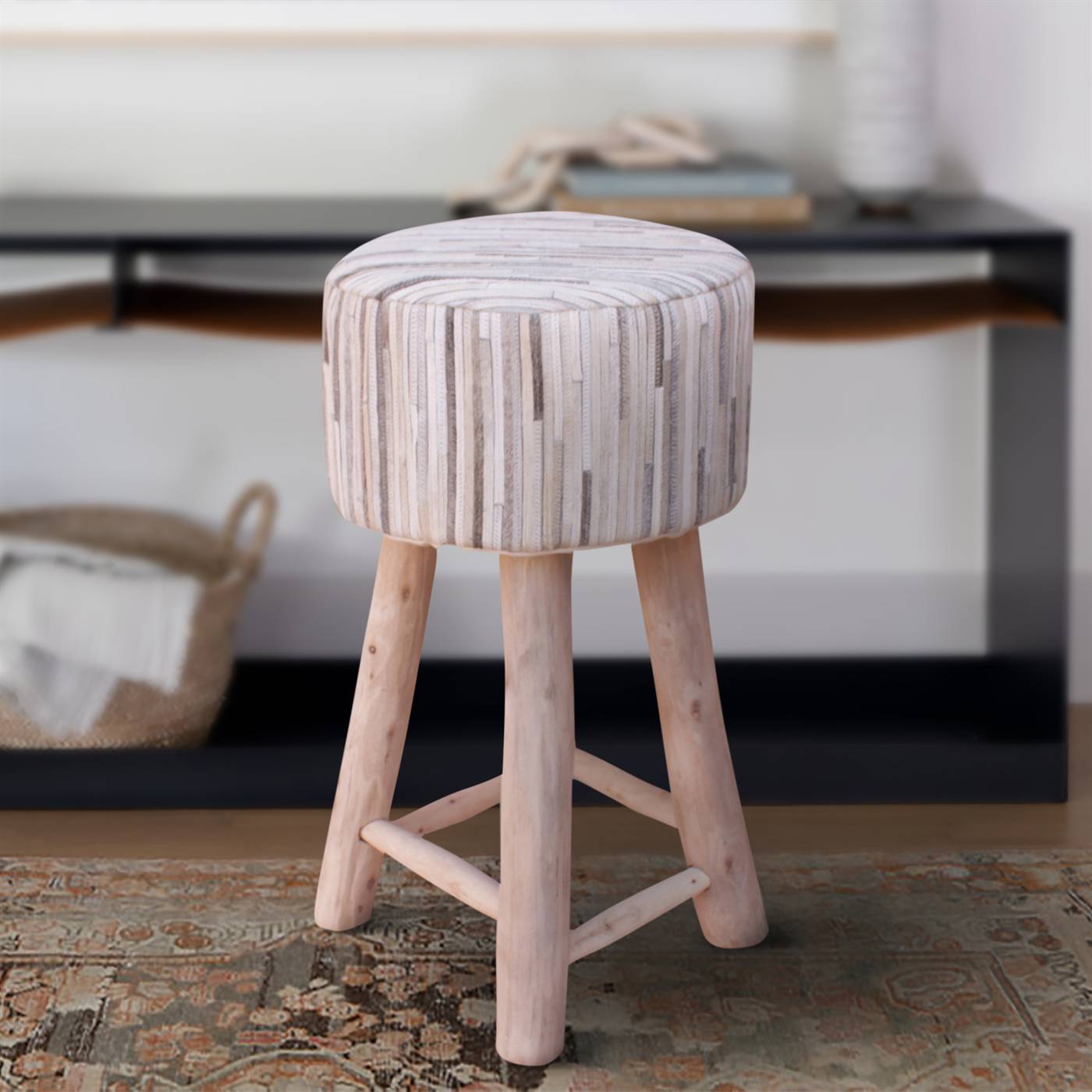 Livia Bar Stool, 40x40x70 cm, Pearl, Grey, Hair on Hide, Hand Made, Hm Stitching, Flat Weave