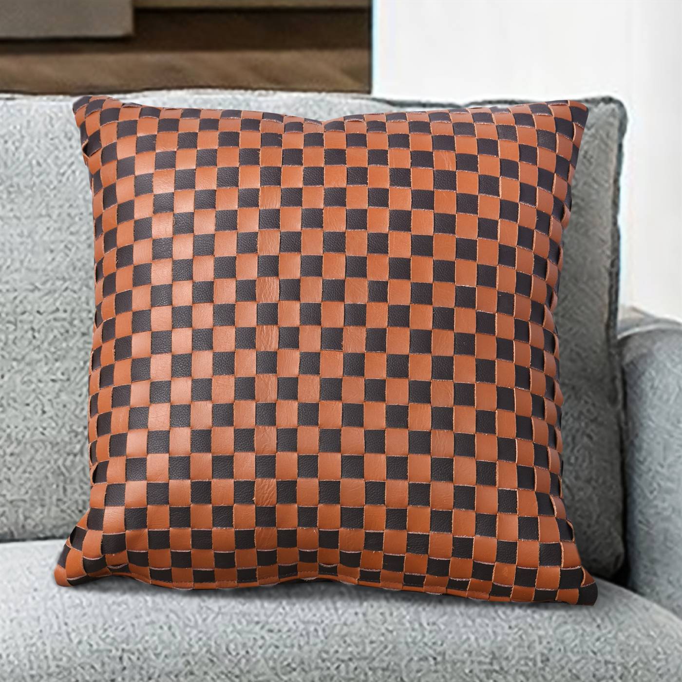 Lombardy Cushion, 50x50 cm, Brown, Tan, Leather, Hand Made, Hm Stitching, Flat Weave
