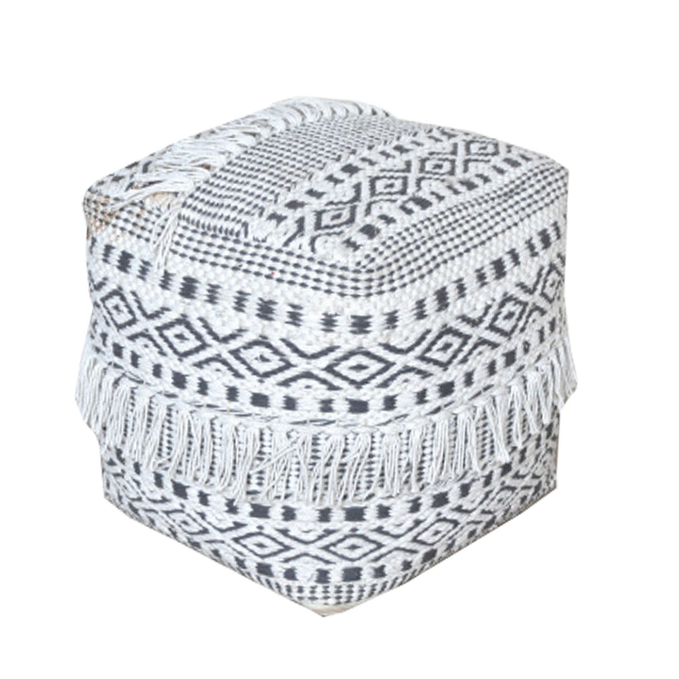 Lucaya Pouf, Cotton, Natural White, Charcoal, Pitloom, Flat Weave