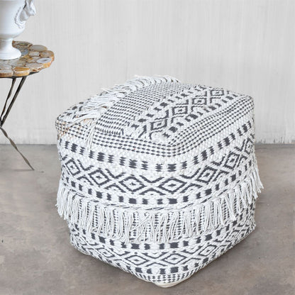 Lucaya Pouf, Cotton, Natural White, Charcoal, Pitloom, Flat Weave