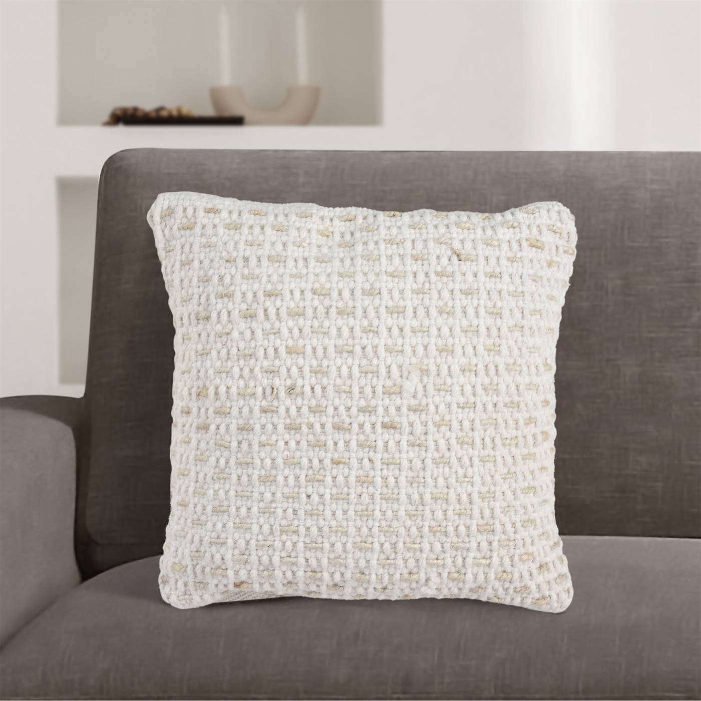 Lucerne Cushion, 45x45 cm, Natural White, Wool, Jute, Hand Woven, Pitloom, Flat Weave