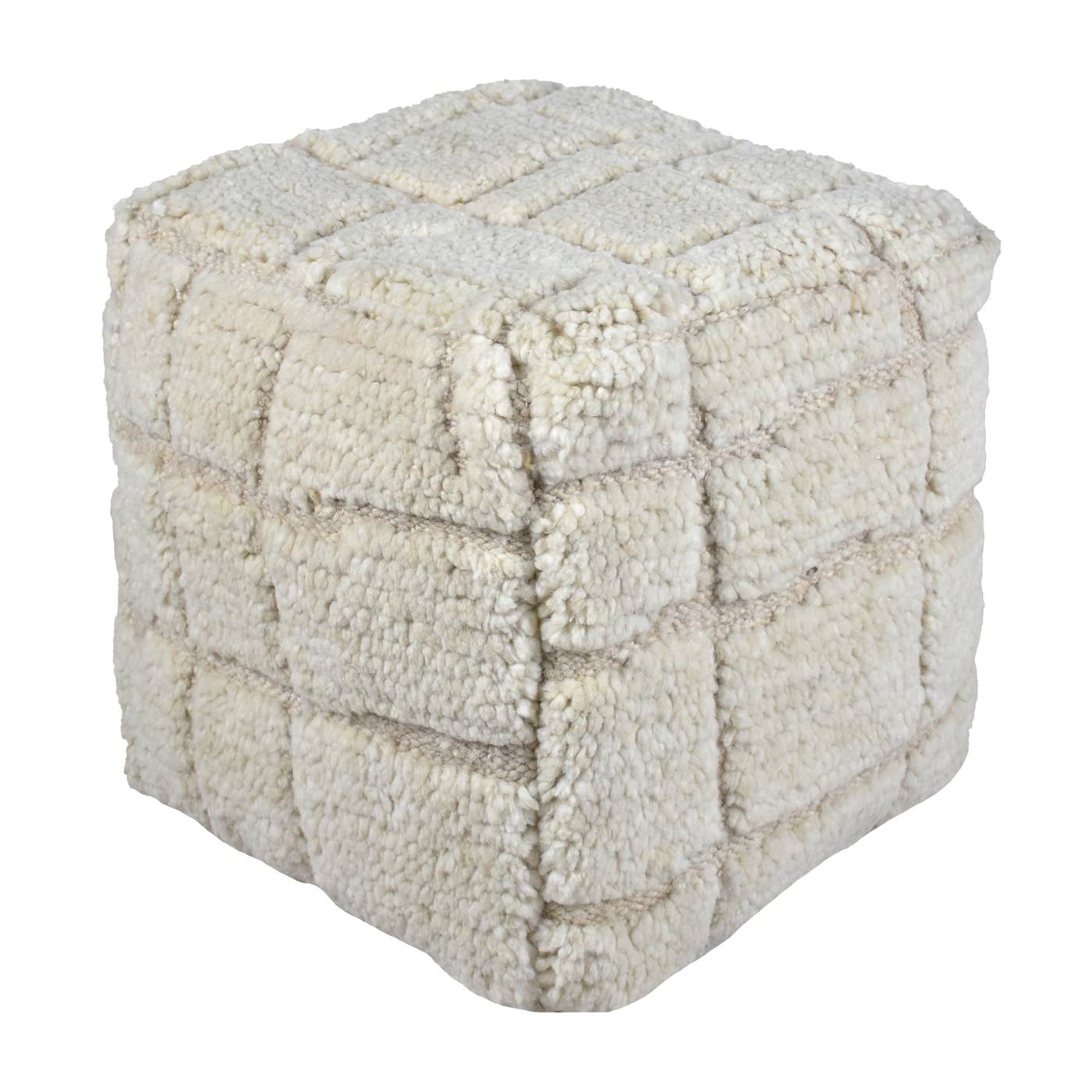 Luxton Pouf, 40x40x40 cm, Natural White, NZ Wool, Hand Knotted, Handknotted, All Cut