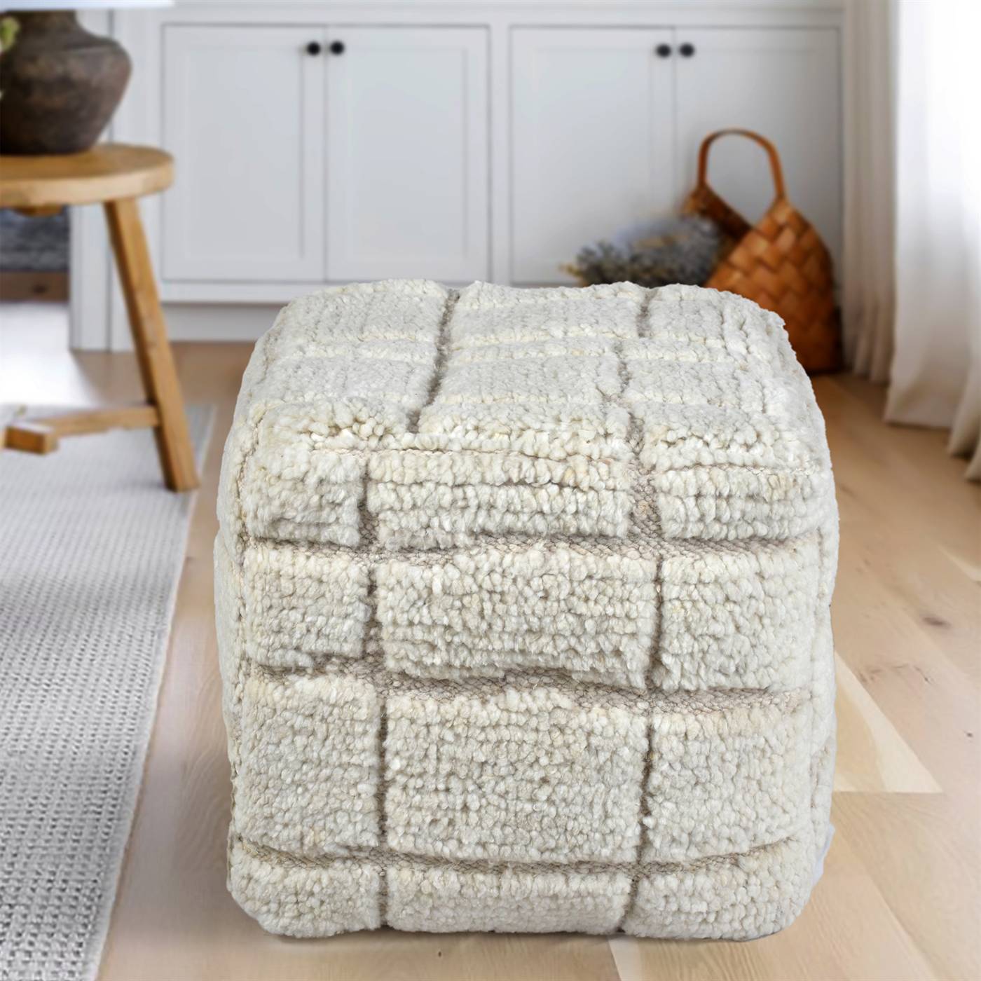 Luxton Pouf, 40x40x40 cm, Natural White, NZ Wool, Hand Knotted, Handknotted, All Cut