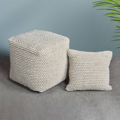 Manor Pouf, 40x40x40 cm, Natural White, Jute, Wool, Hand Woven, Pitloom, All Loop