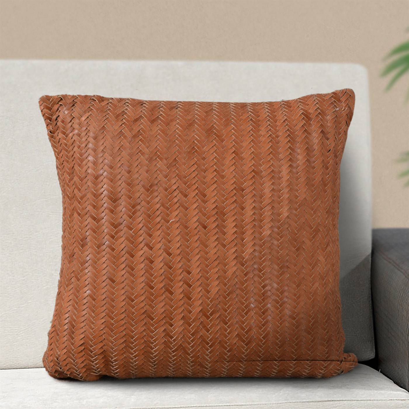 Marche Cushion, 45x45 cm, Tan, Italian Leather, Hand Made, Hm Stitching, Flat Weave