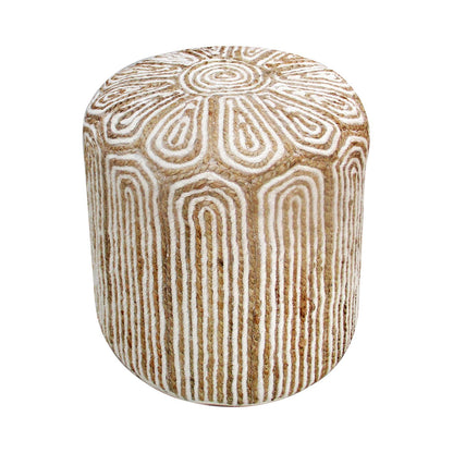 Maslin Round Pouf, Jute, Wool, Natural,Natural White, Hm Stitching, Flat Weave 