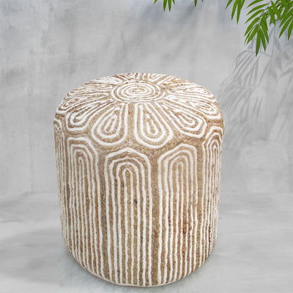 Maslin Round Pouf, Jute, Wool, Natural,Natural White, Hm Stitching, Flat Weave 