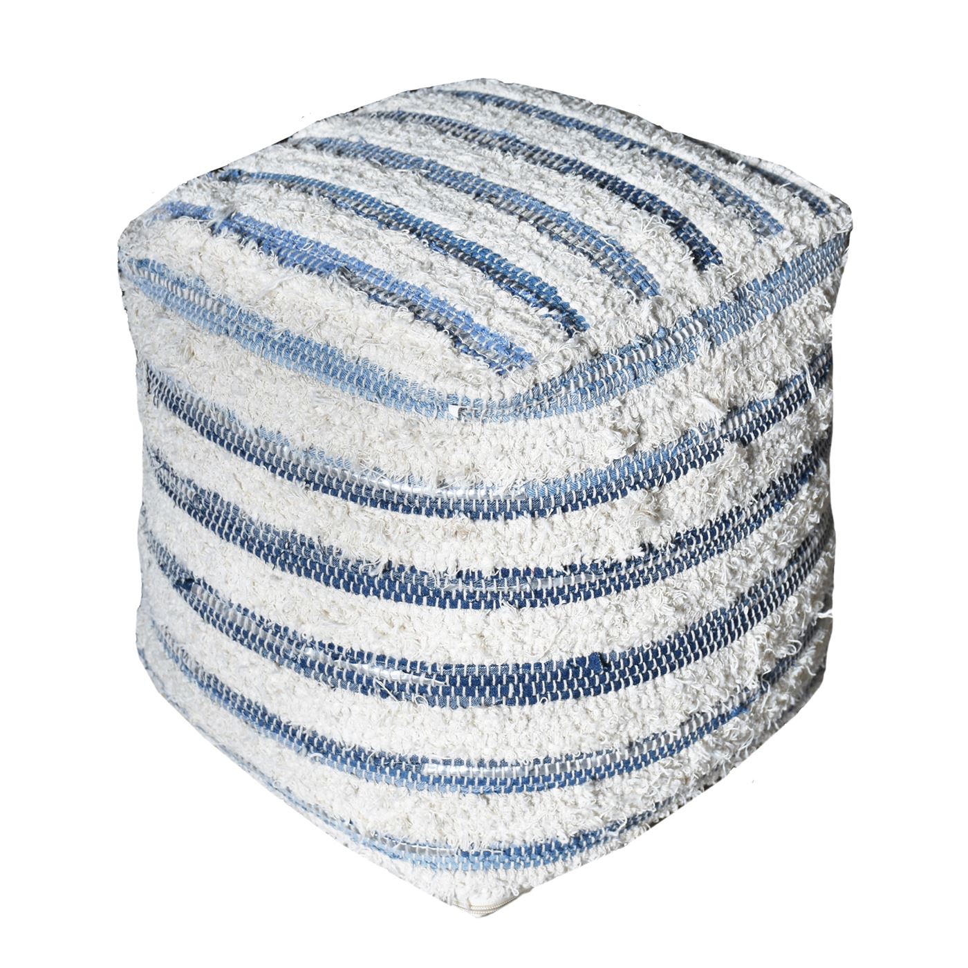 Mayama Pouf, Recycled Denim, Cotton, Rexine, Natural White,Blue, Pitloom, Flat Weave 