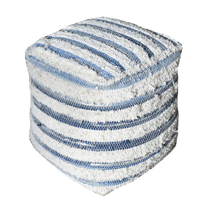 Mayama Pouf, Recycled Denim, Cotton, Rexine, Natural White,Blue, Pitloom, Flat Weave 