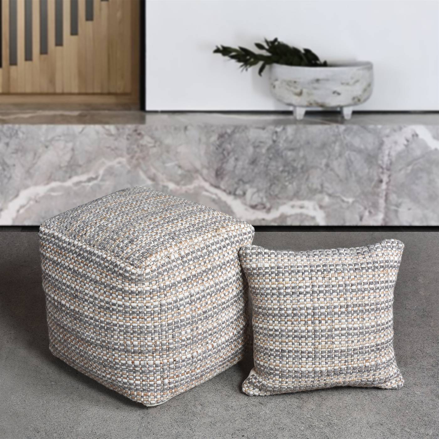Mcalpin Pouf, 40x40x40 cm, Natural, Taupe, Wool, Jute, Hand Woven, Pitloom, Flat Weave
