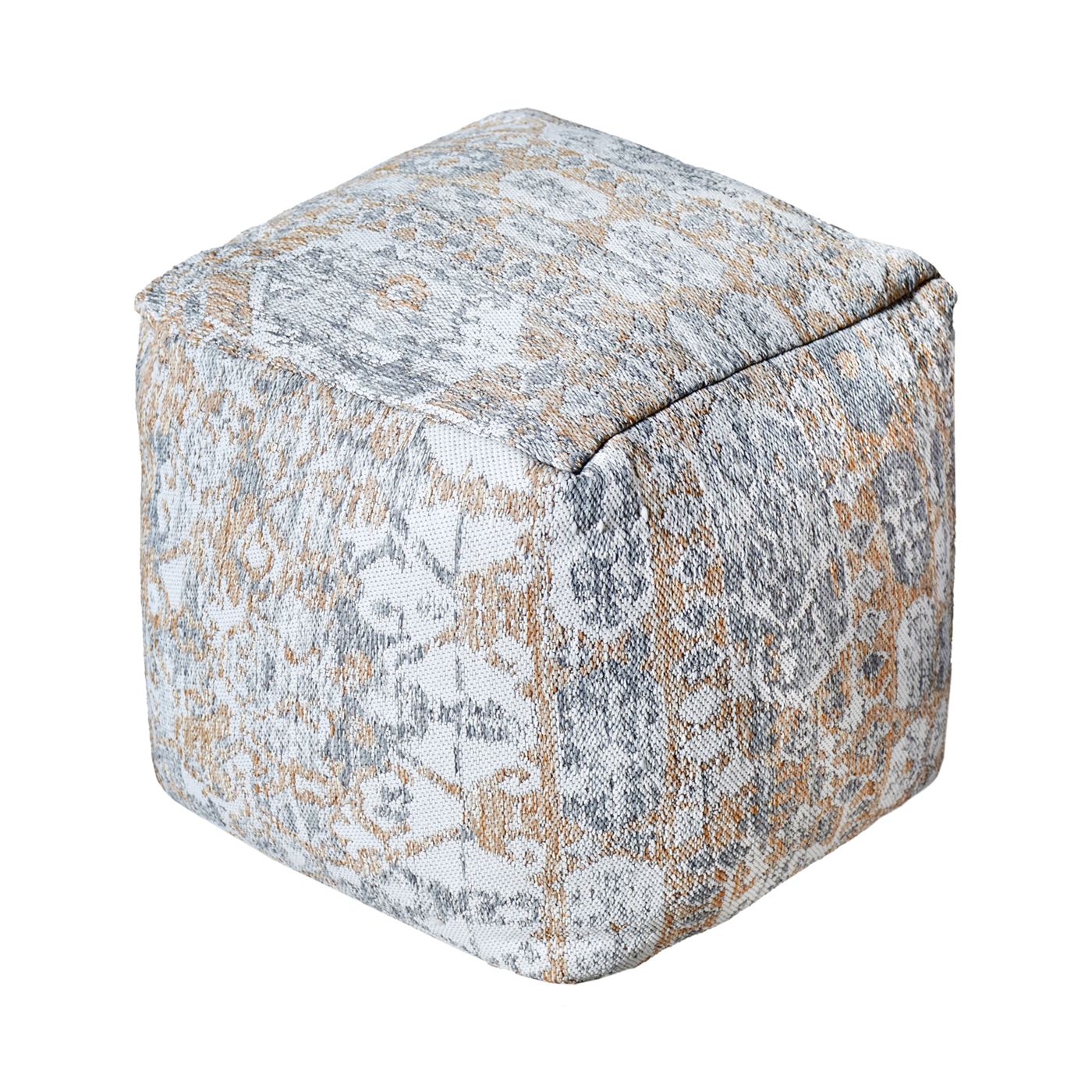 Mihla-III Pouf, Polypropylene, Natural White,Grey,Beige, Jaquard Durry, Flat Weave 