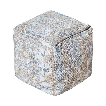 Mihla-III Pouf, Polypropylene, Natural White,Grey,Beige, Jaquard Durry, Flat Weave 