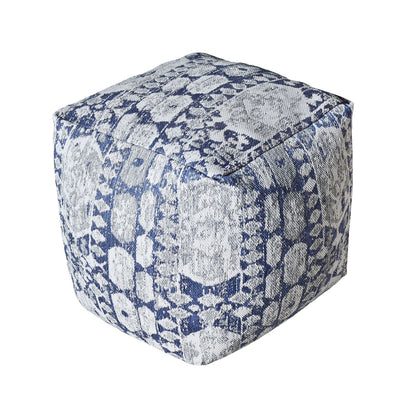 Mihla-III Pouf, Polypropylene, Natural White,Grey,Blue, Jaquard Durry, Flat Weave 