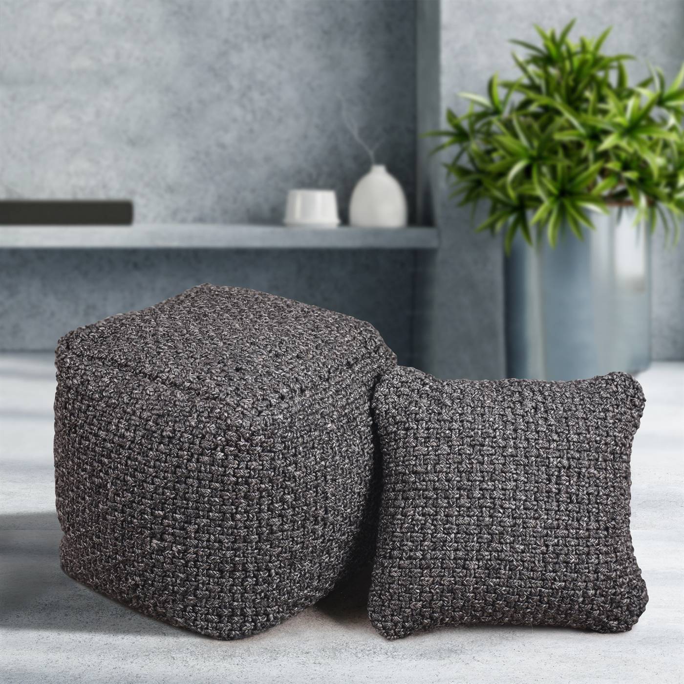 Moffat Pouf, 40x40x40 cm, Charcoal, Polypropylene, PET, Hand Made, Hm Stitching, Flat Weave