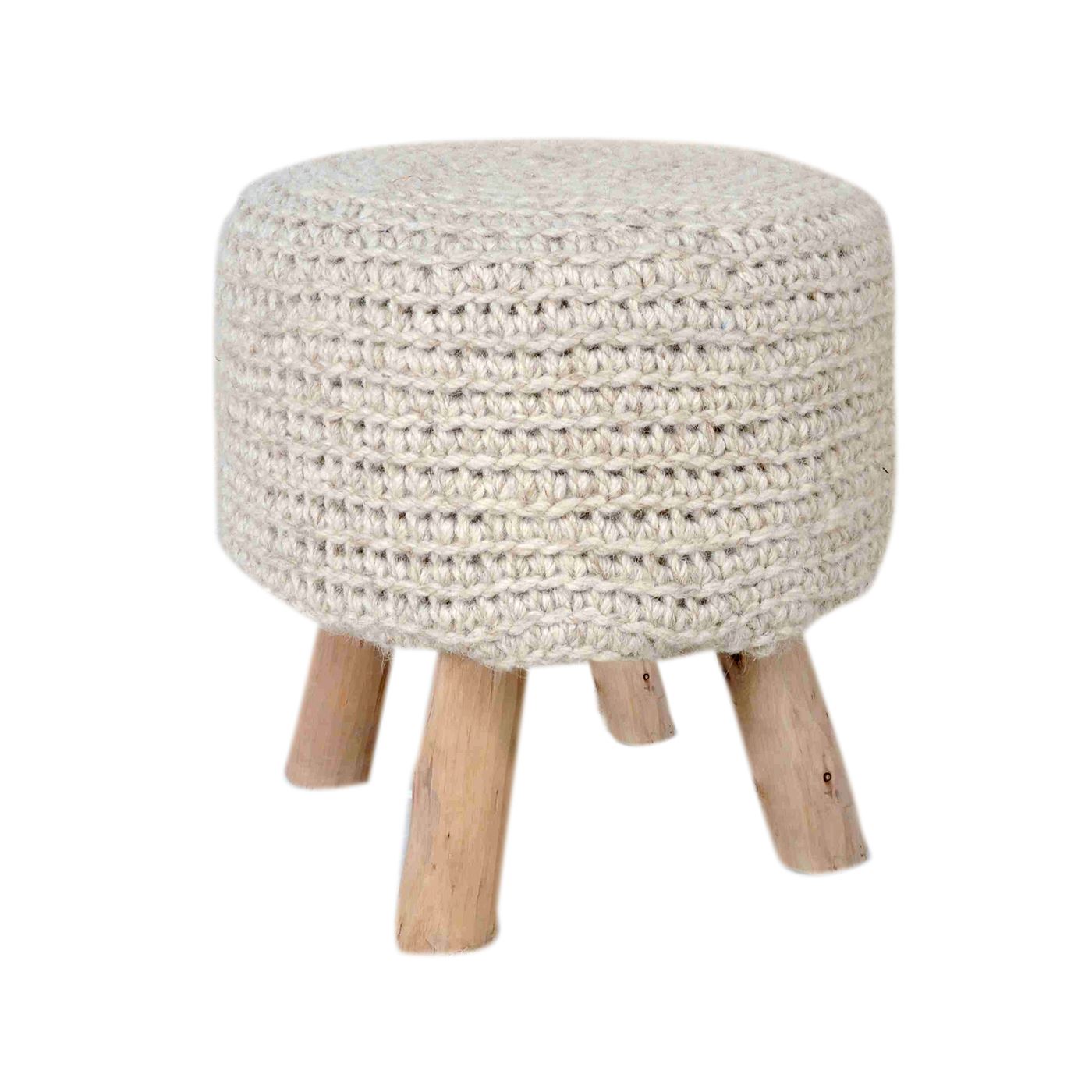 Montana Round Stool, Wool, Natural White, Hm Knitted, Flat Weave 