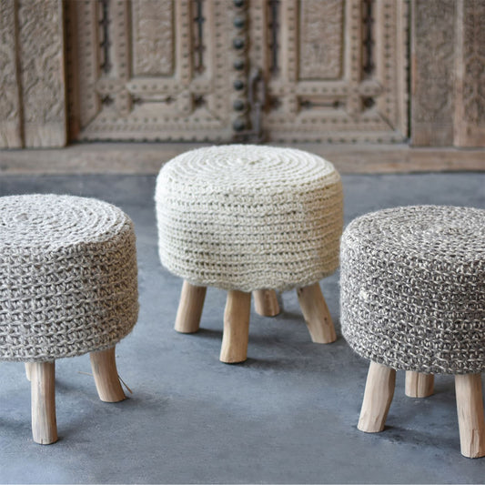 Montana Round Stool, Wool, Hm Knitted, Flat Weave 