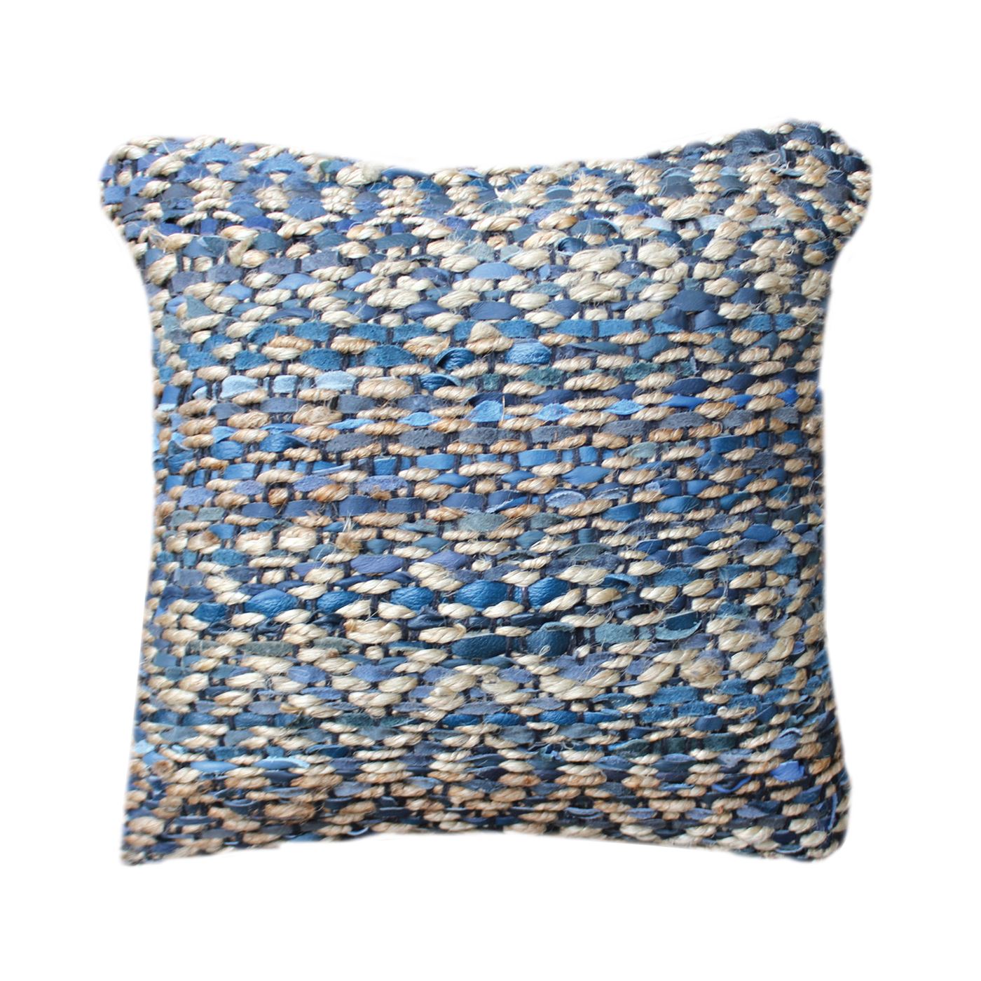 Morawa Pillow, Hemp, Leather, Natural, Blue, Pitloom, Flat Weave