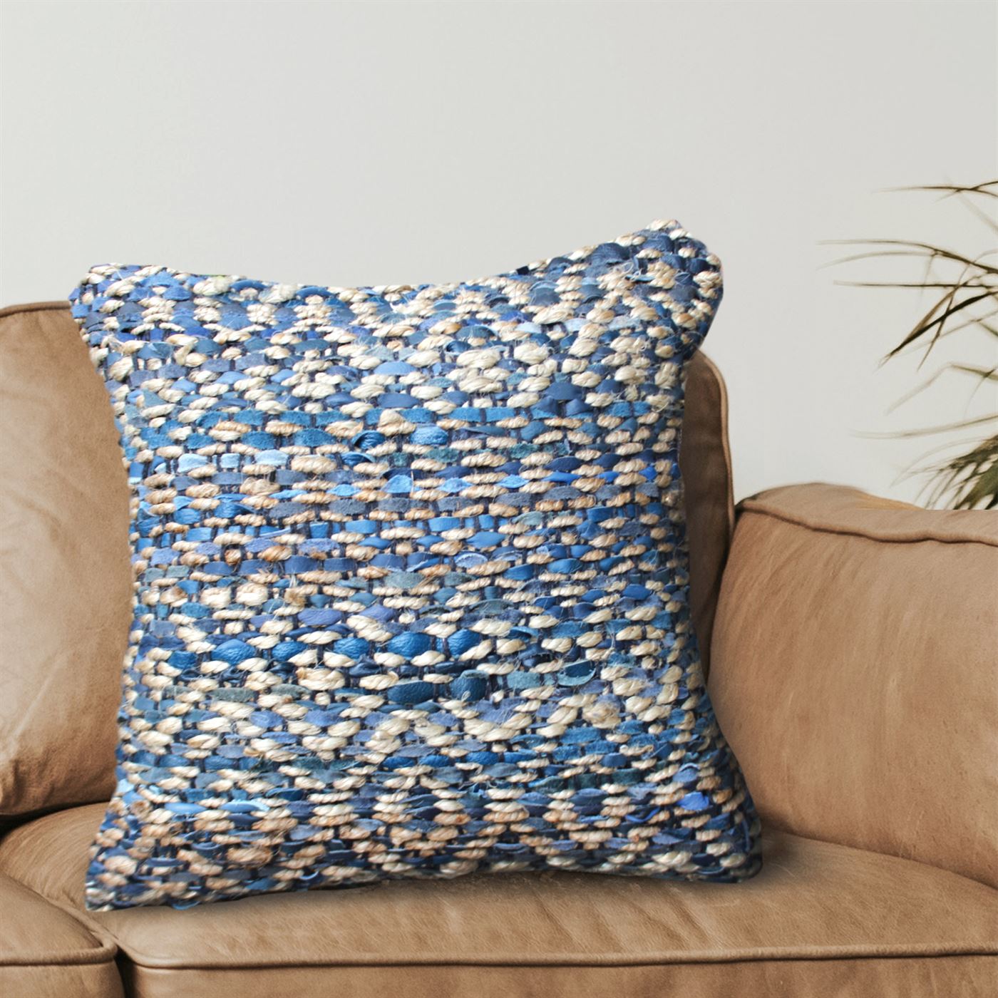 Morawa Pillow, Hemp, Leather, Natural, Blue, Pitloom, Flat Weave