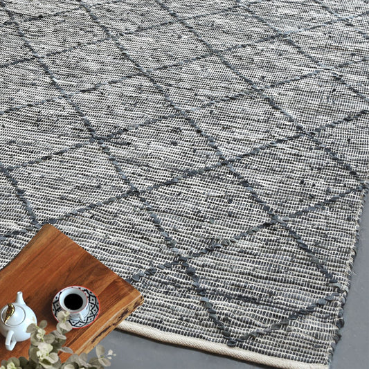 Area Rug, Bedroom Rug, Living Room Rug, Living Area Rug, Indian Rug, Office Carpet, Office Rug, Shop Rug Online, Leather, Grey, Pitloom, Flat Weave, Geometrical