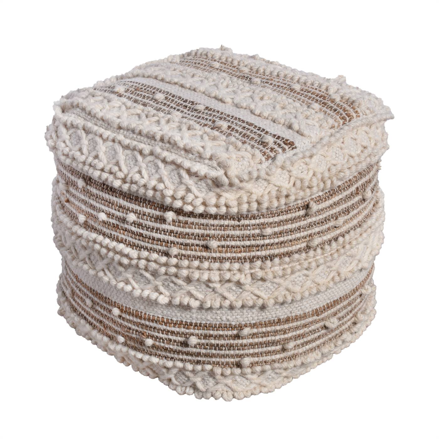 Mostar Pouf, 40x40x40 cm, Natural, Natural White, Jute, Wool, Hand Woven, Pitloom, All Loop