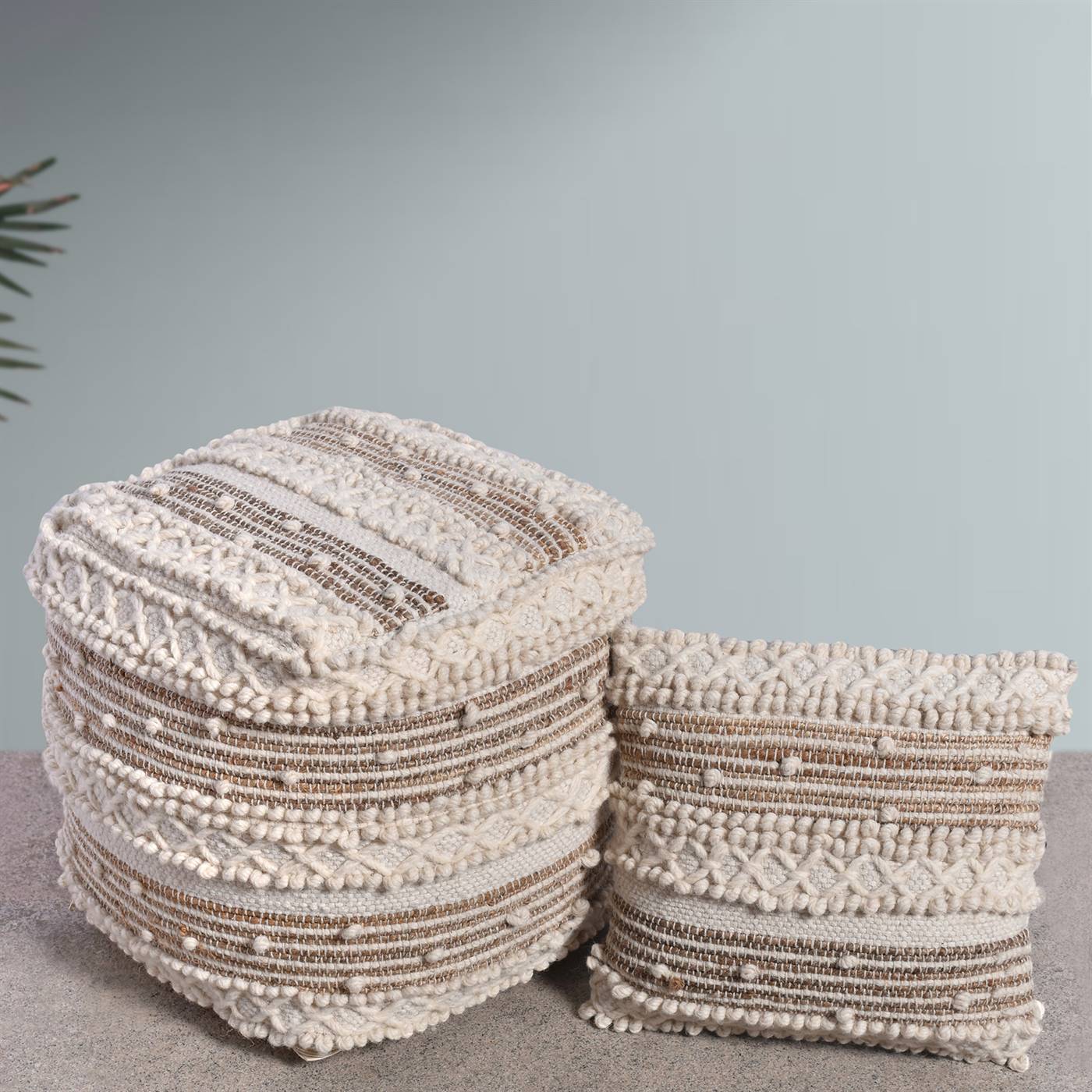Mostar Pouf, 40x40x40 cm, Natural, Natural White, Jute, Wool, Hand Woven, Pitloom, All Loop