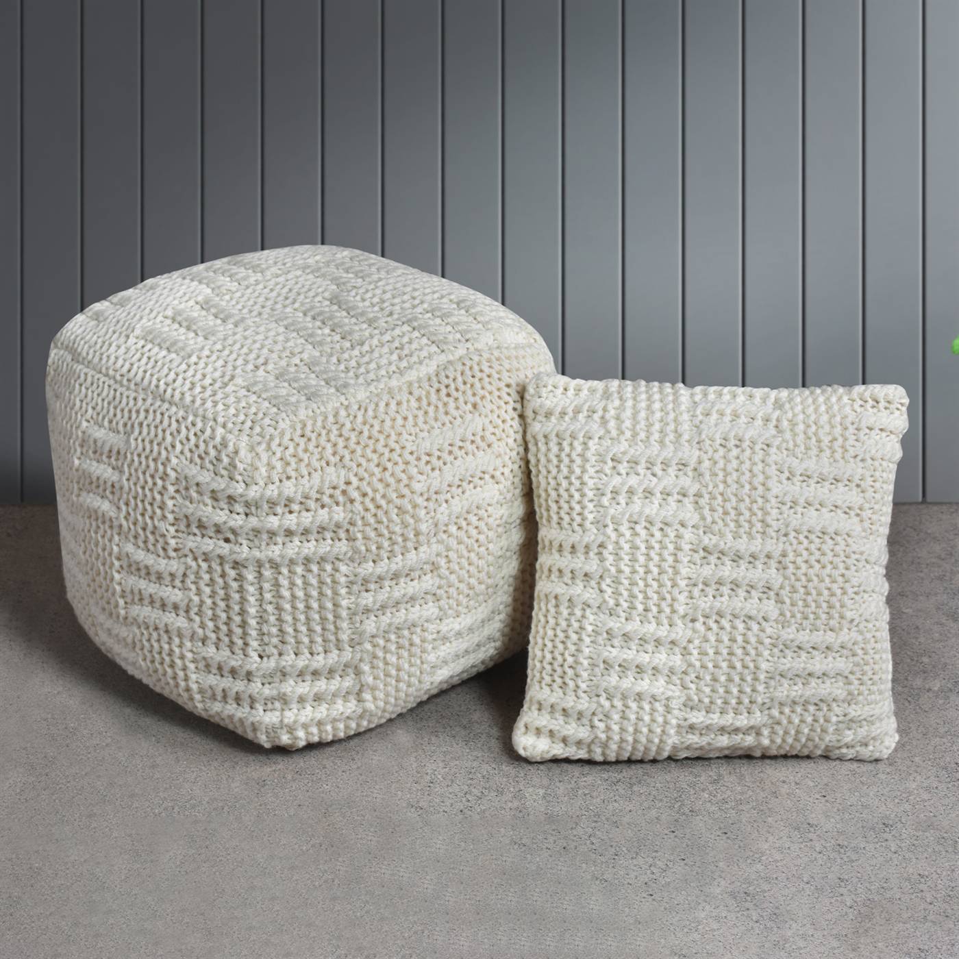 Murcia Pouf, 40x40x40 cm, Natural White, NZ Wool, Hand Knitted, Hm Knitted, Flat Weave