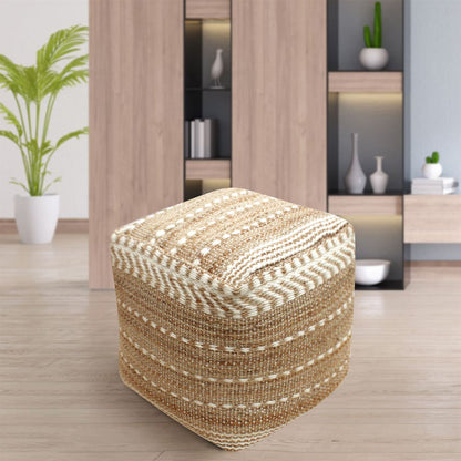 Nadur Pouf, Jute, Wool, Natural, Natural White, Pitloom, Flat Weave 