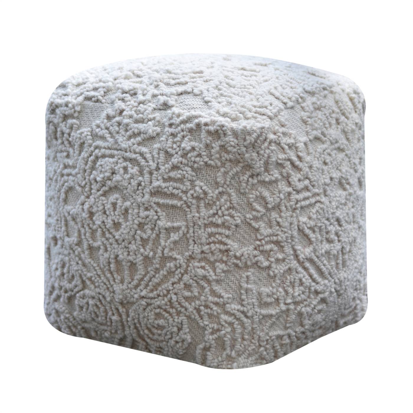 Natela Pouf, 40x40x40 cm, Natural White, Wool, Hand Tufted, Handtufted, All Loop