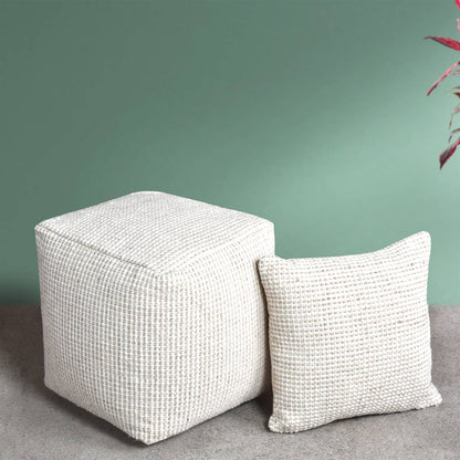 Nautilus Pouf, 40x40x40 cm, Natural White, Beige, Wool, Hand Woven, Handwoven, Flat Weave