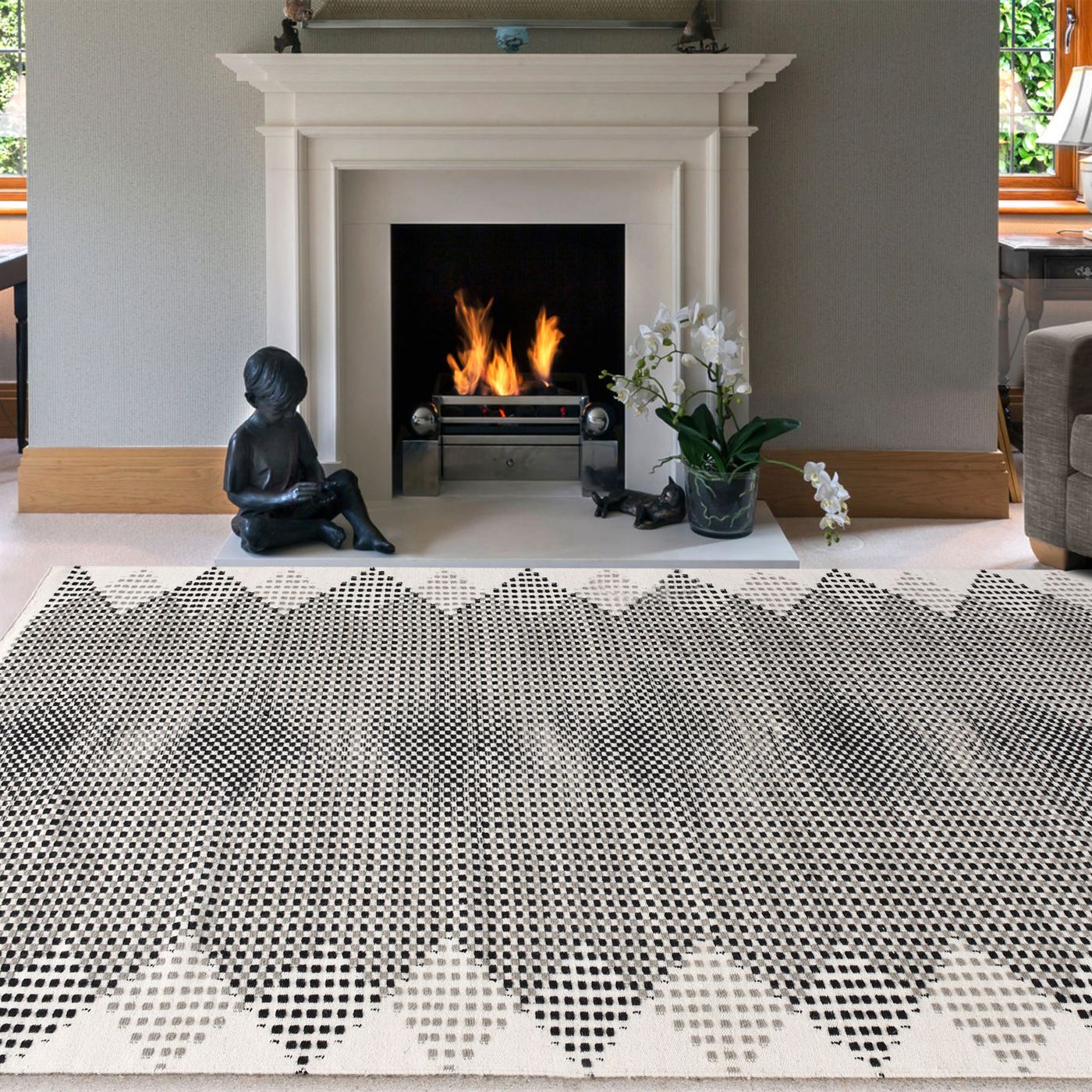 Area Rug, Bedroom Rug, Living Room Rug, Living Area Rug, Indian Rug, Office Carpet, Office Rug, Shop Rug Online, Wool, Natural White, Grey, Charcoal, Pitloom, Flat Weave, traditional
