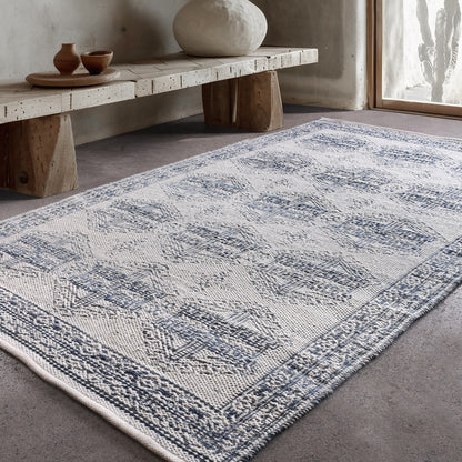 NISHE RUG - IVORY/BLUE - JACQUARD WOVEN - COTTON DENIM/WOOL