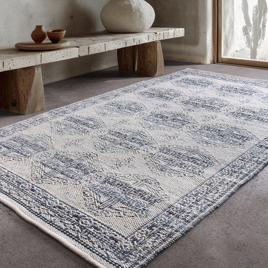NISHE RUG - IVORY/BLUE - JACQUARD WOVEN - COTTON DENIM/WOOL