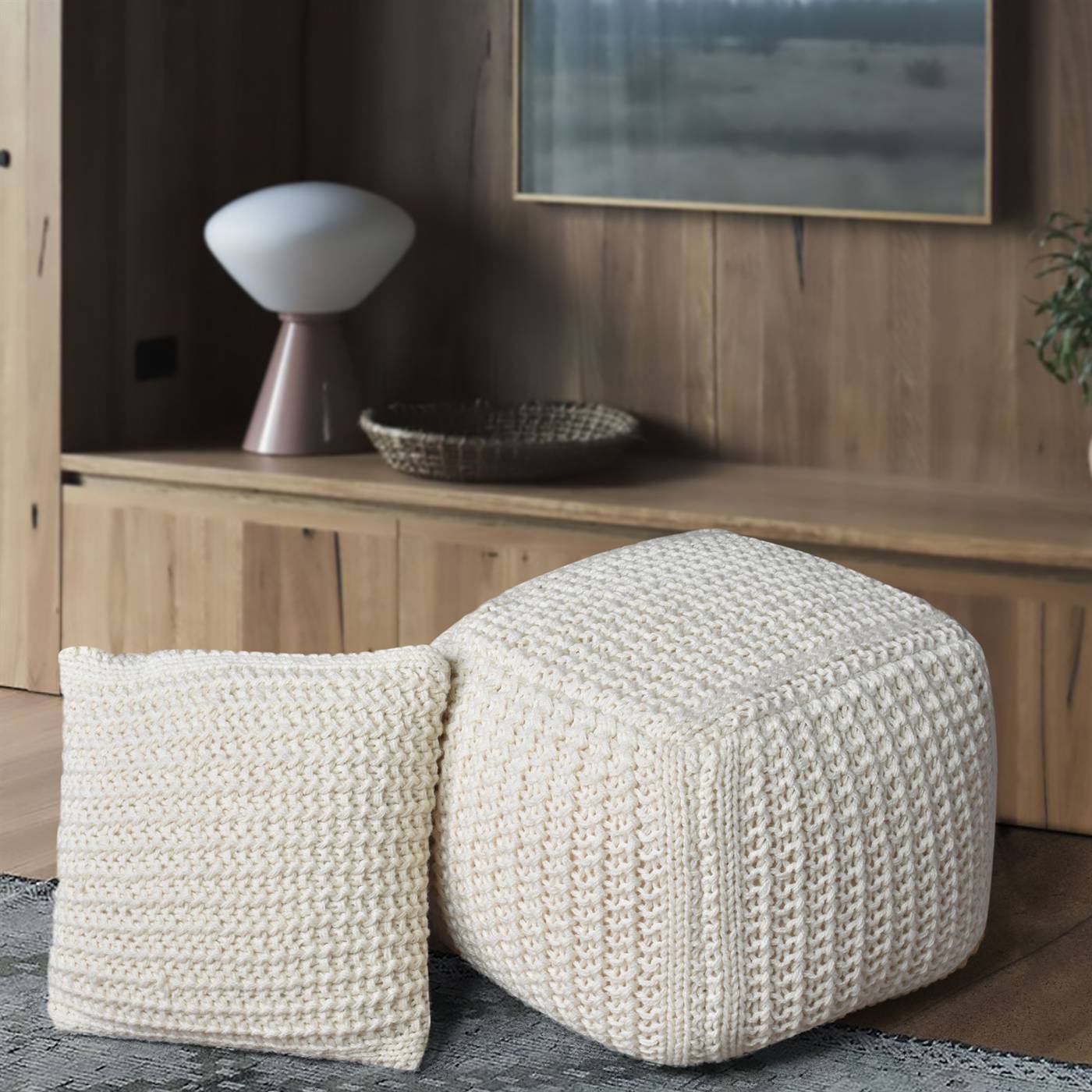 Nottingham Pouf, 40x40x40 cm, Natural White, NZ Wool, Hand Knitted, Hm Knitted, Flat Weave