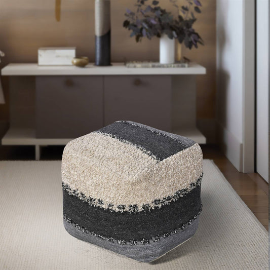 Oksino Pouf, 40x40x40 cm, Grey, Natural White, PET, Polyester, Hand Woven, Pitloom, Flat Weave