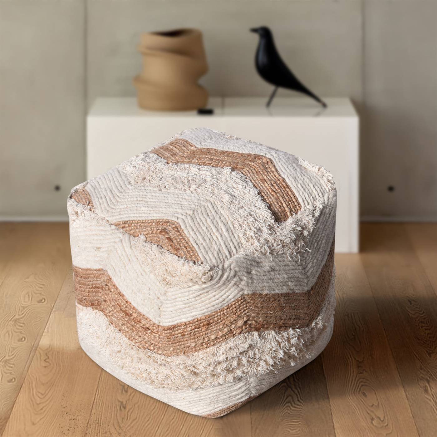 Olaine Pouf, 40x40x40 cm, Natural White, Natural, Wool, Jute, Cotton Salvage, Hand Made, Hm Stitching, Flat Weave