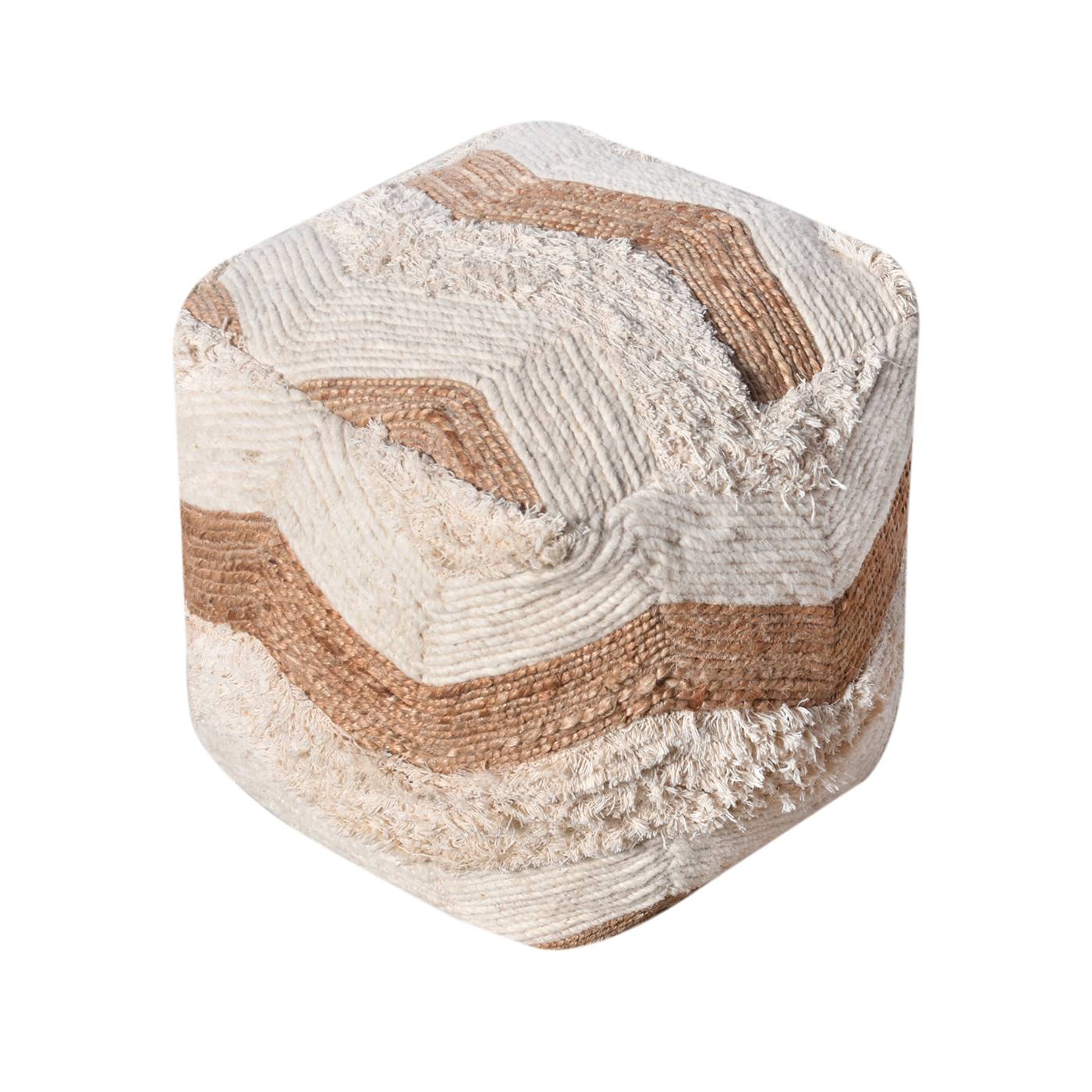 Olaine Pouf, 40x40x40 cm, Natural White, Natural, Wool, Jute, Cotton Salvage, Hand Made, Hm Stitching, Flat Weave