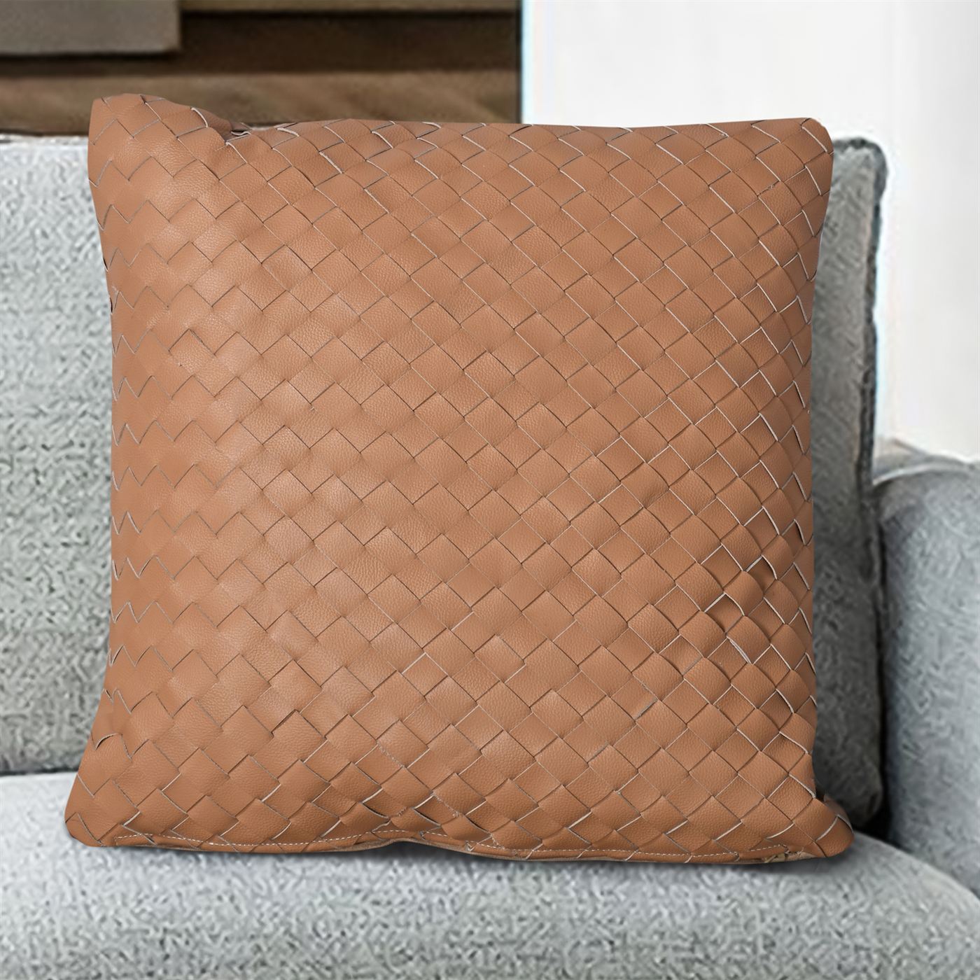 Opava Cushion, Leather, Beige, Hm Stitching, Flat Weave 