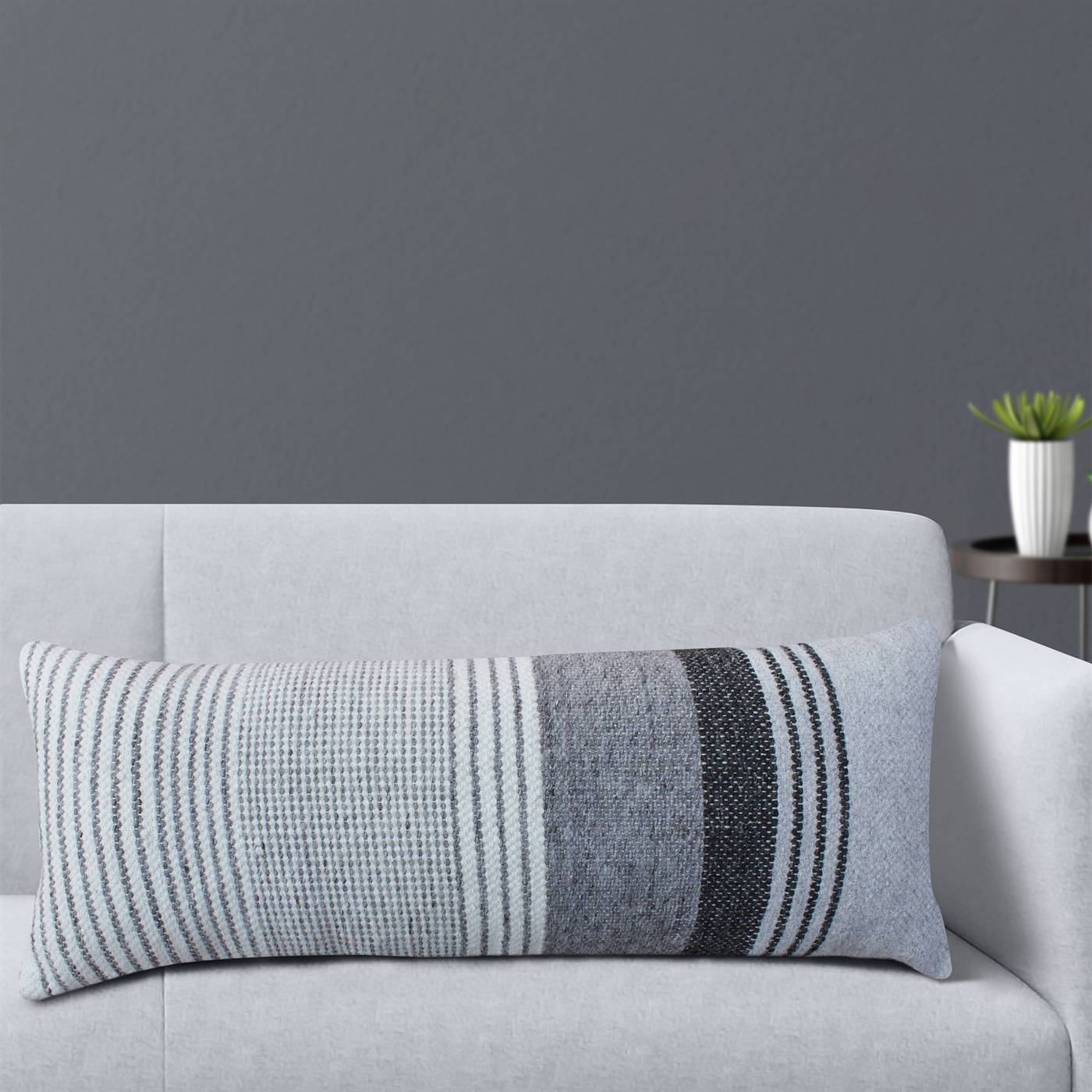 Palomo Lumber Cushion, 36x91 cm, Natural White, Grey, Charcoal, Wool, PET, Hand Woven, Pitloom, Flat Weave