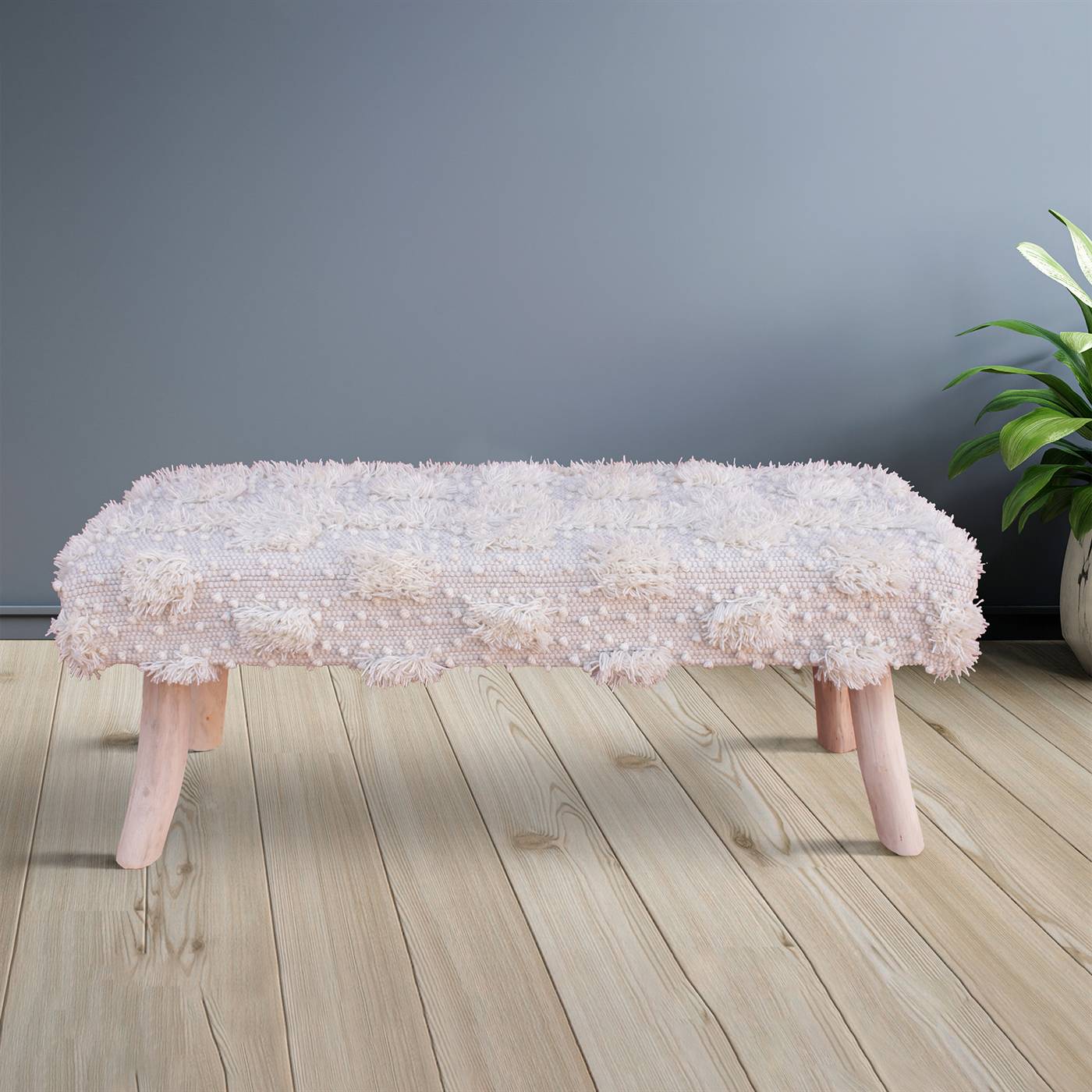 Parkin Bench, 120x40x50 cm, Natural White, Wool, Hand Woven, Pitloom, Cut And Loop