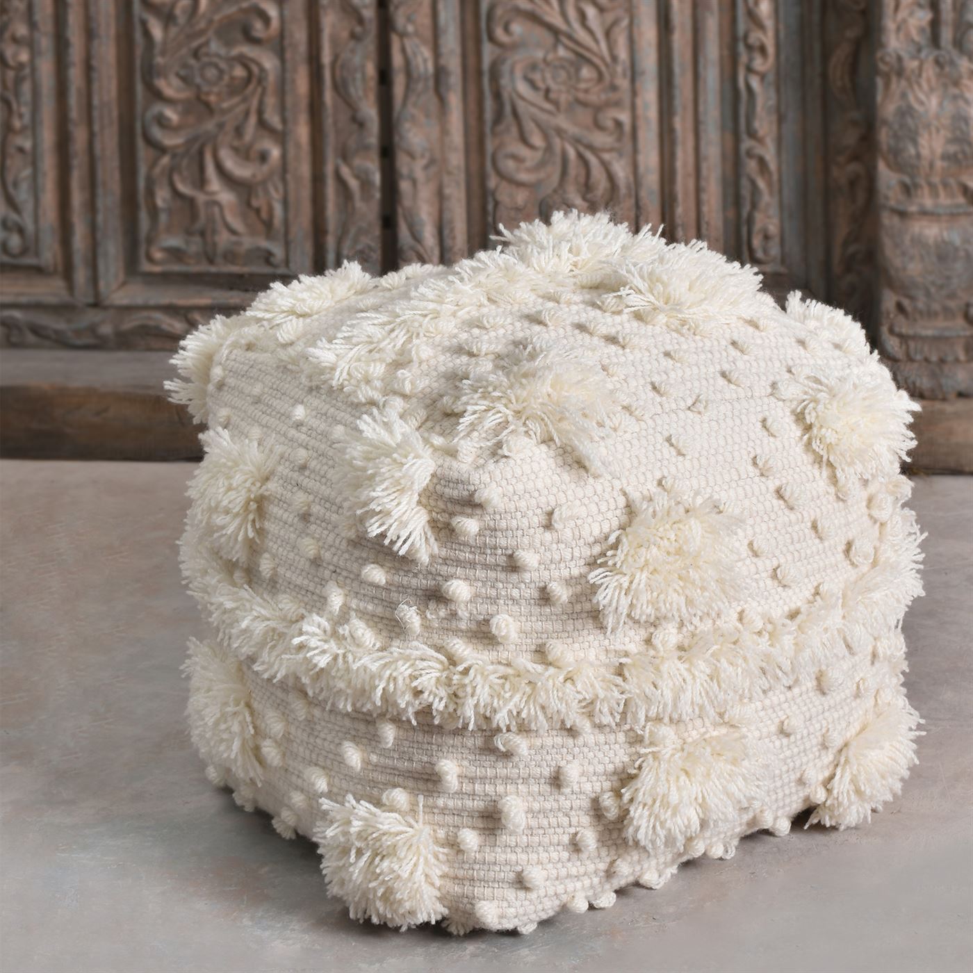 Parkin Pouf, Nz Wool, Natural White, Pitloom, Cut And Loop 