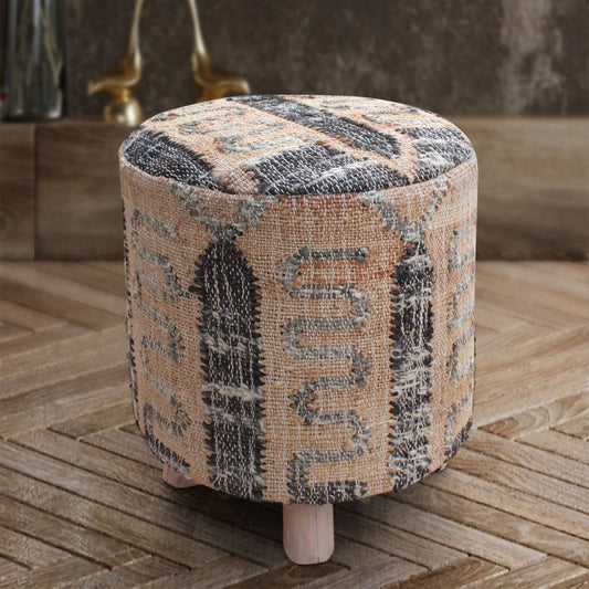 Parowan Round Stool, Jute, Wool, Natural, Charcoal, Punja, Flat Weave 