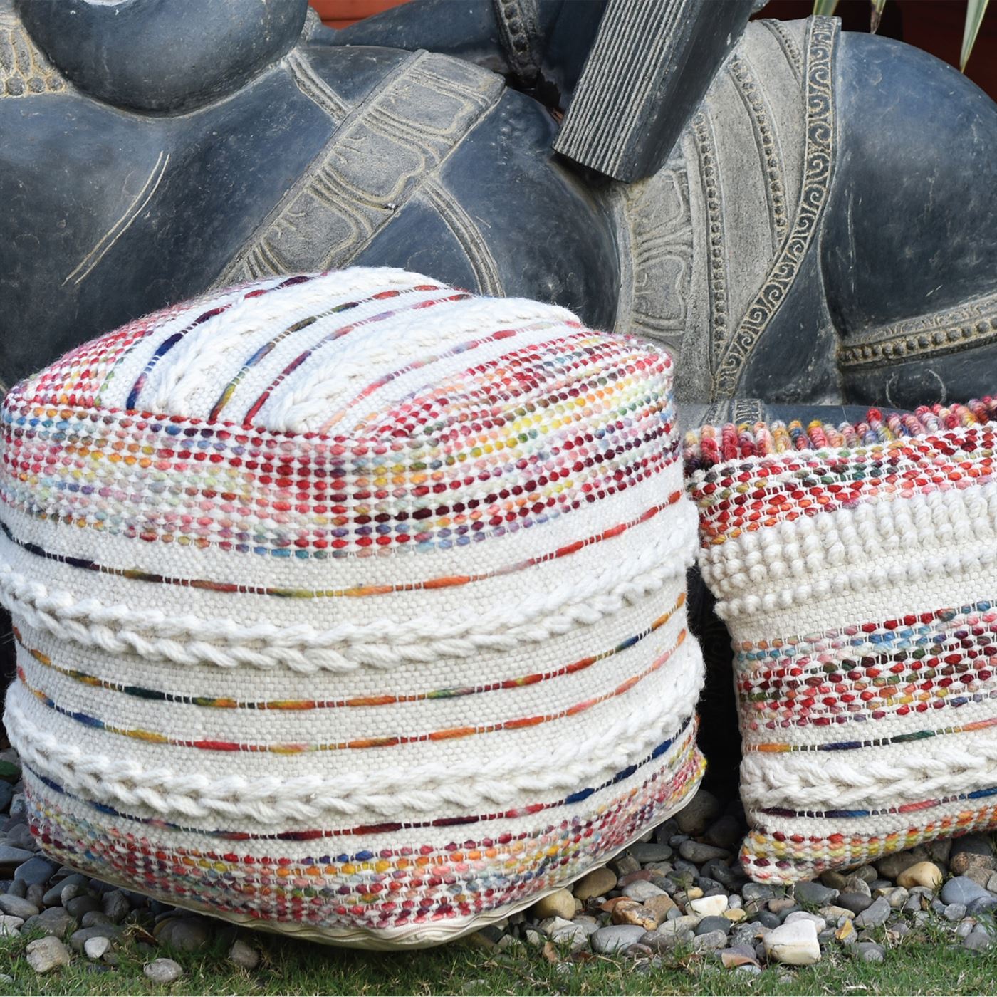 Patra Pouf, Wool, Natural White, Multi