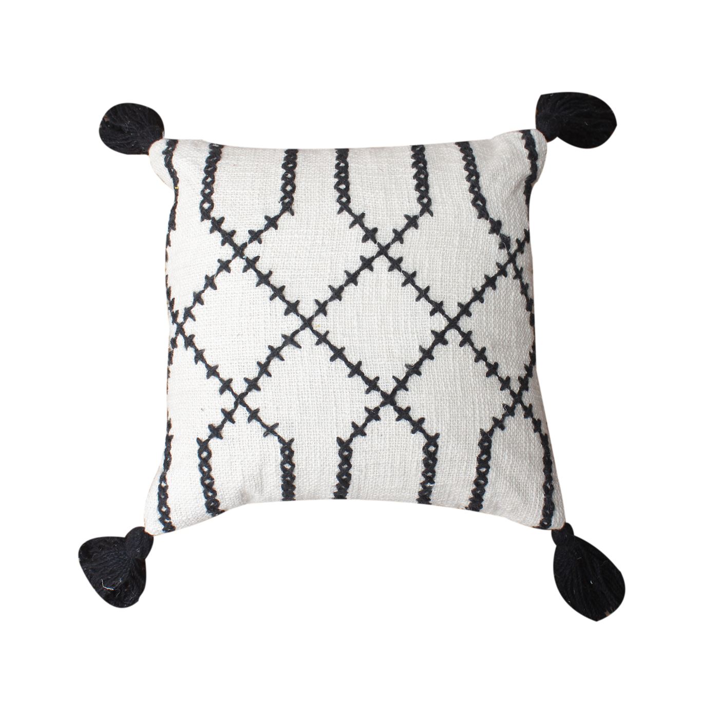 Paulin Cushion, Cotton, Wool, Natural White, Charcoal, Hm Stitching, Flat Weave