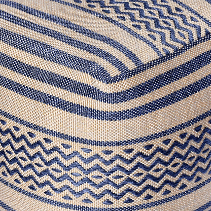 Pazar Pouf, Polypropylene, Beige,Navy, Pitloom, Flat Weave 