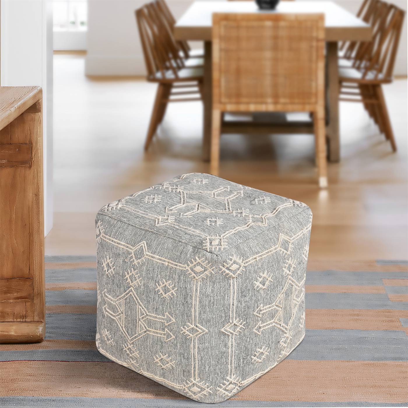 Peqin Pouf, 40x40x40 cm, Grey, Natural White, Polypropylene, PET, Hand Woven, Pitloom, Flat Weave