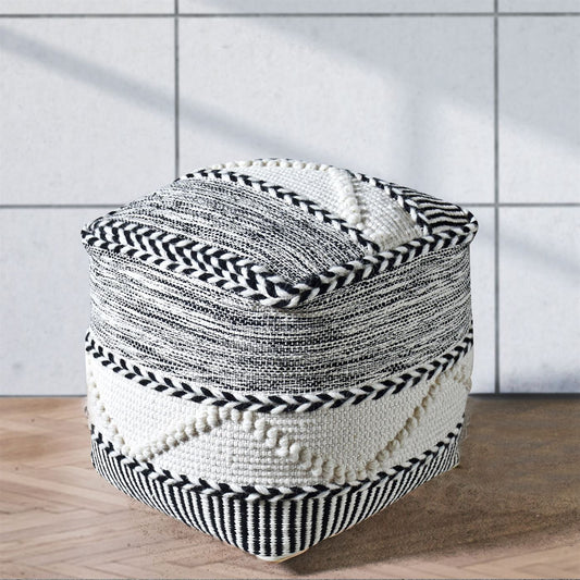 Pitre Pouf , Cotton, Wool, Natural White,Charcoal, Pitloom, All Loop 