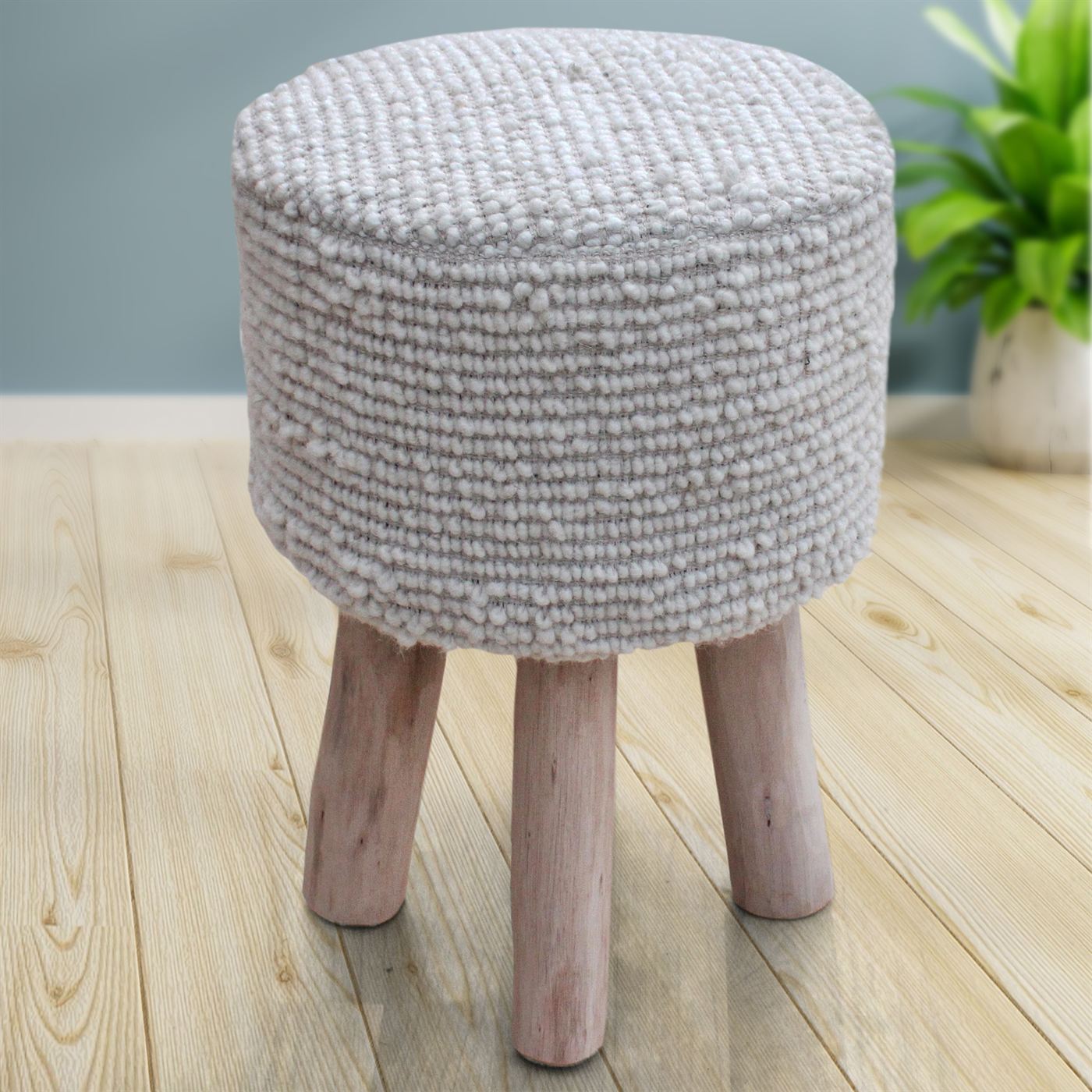 Plockton Stool, Wool, Natural White, Hand woven, All Loop 