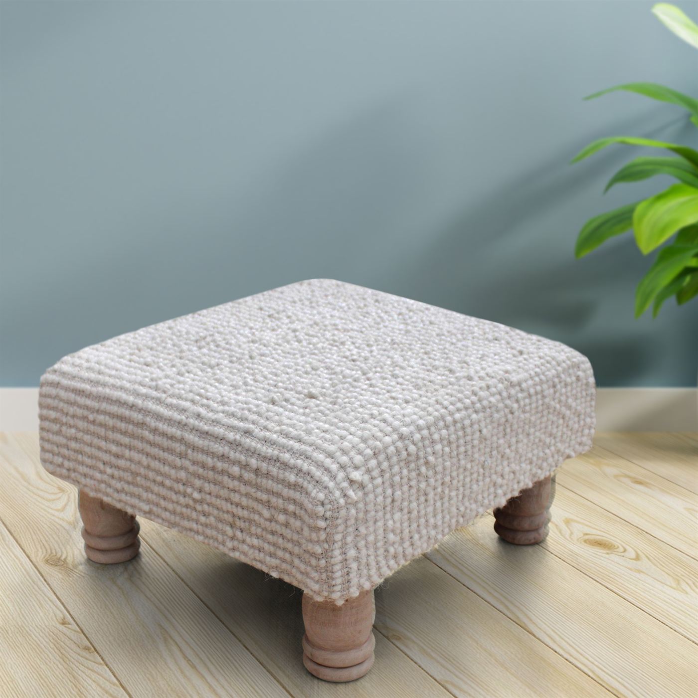 Plockton Foot Stool, Wool, Natural White, Hand woven, All Loop 