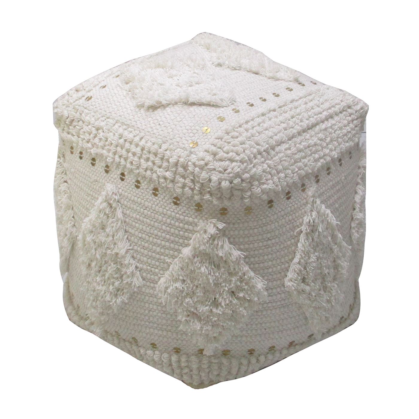 Pontar Pouf , Cotton, Metal Sequins, Natural White, Pitloom, Cut And Loop 