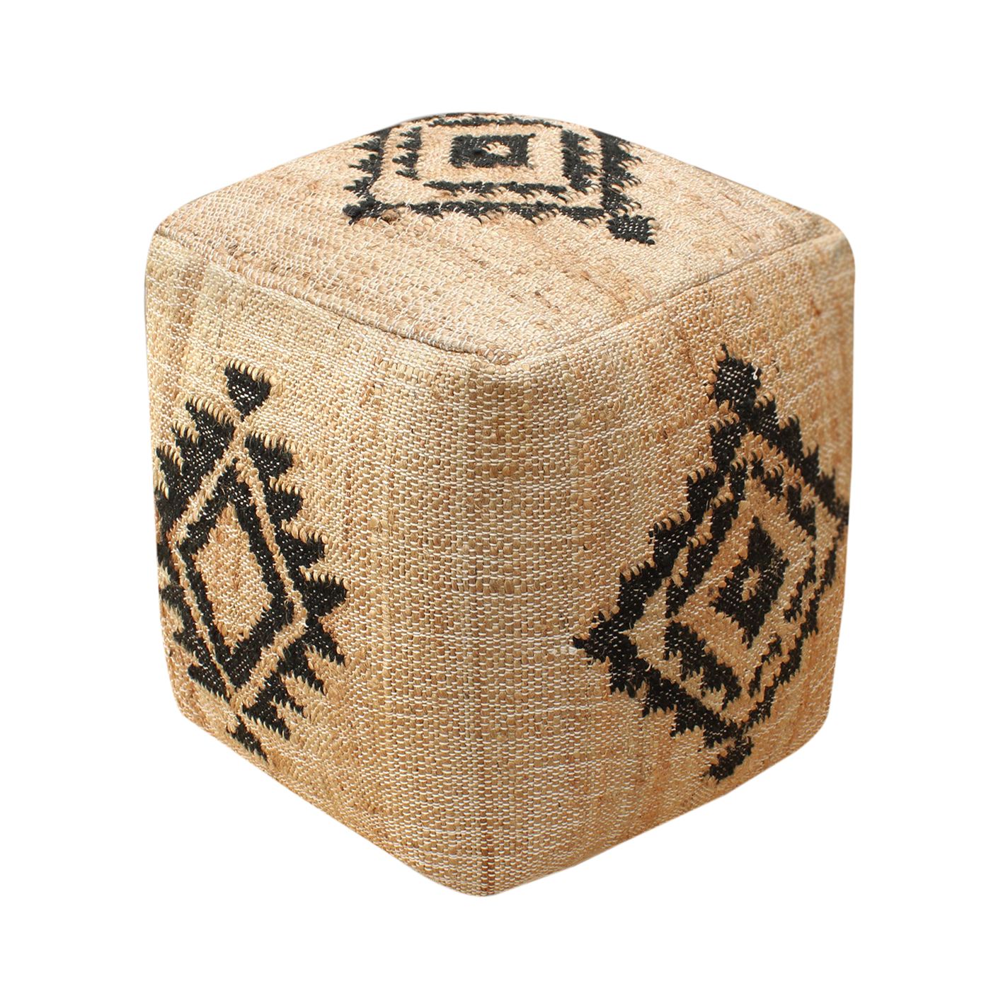 Portsa Pouf, Jute, Wool, Natural, Charcoal, Punja, Flat Weave 